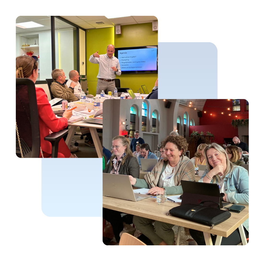 “Deelnemers aan de Copilot Masterclass werken hands-on op hun laptop tijdens de training.”